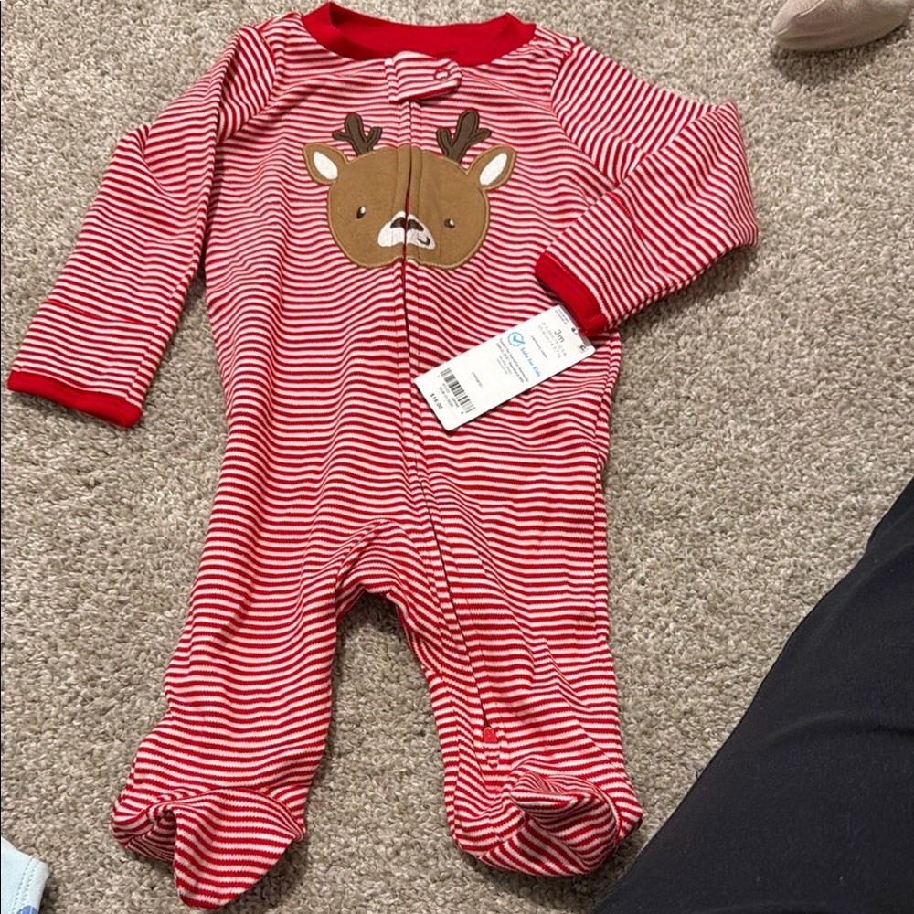 Carter's Red and White Striped Reindeer Footie